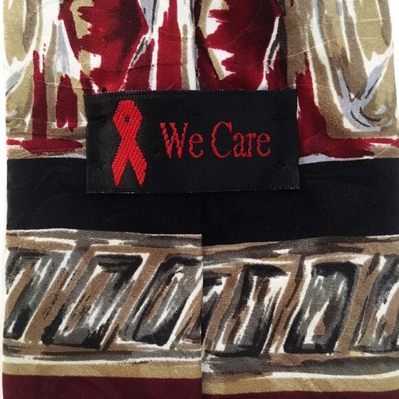 We Care Neck Tie 100% Silk Geometric Abstract Men's Burgundy Green Gold Black - Picture 5 of 7